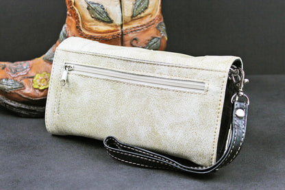 Western Cowgirl Clutch Wallet: Cream PU Leather Purse with stitched feather motif