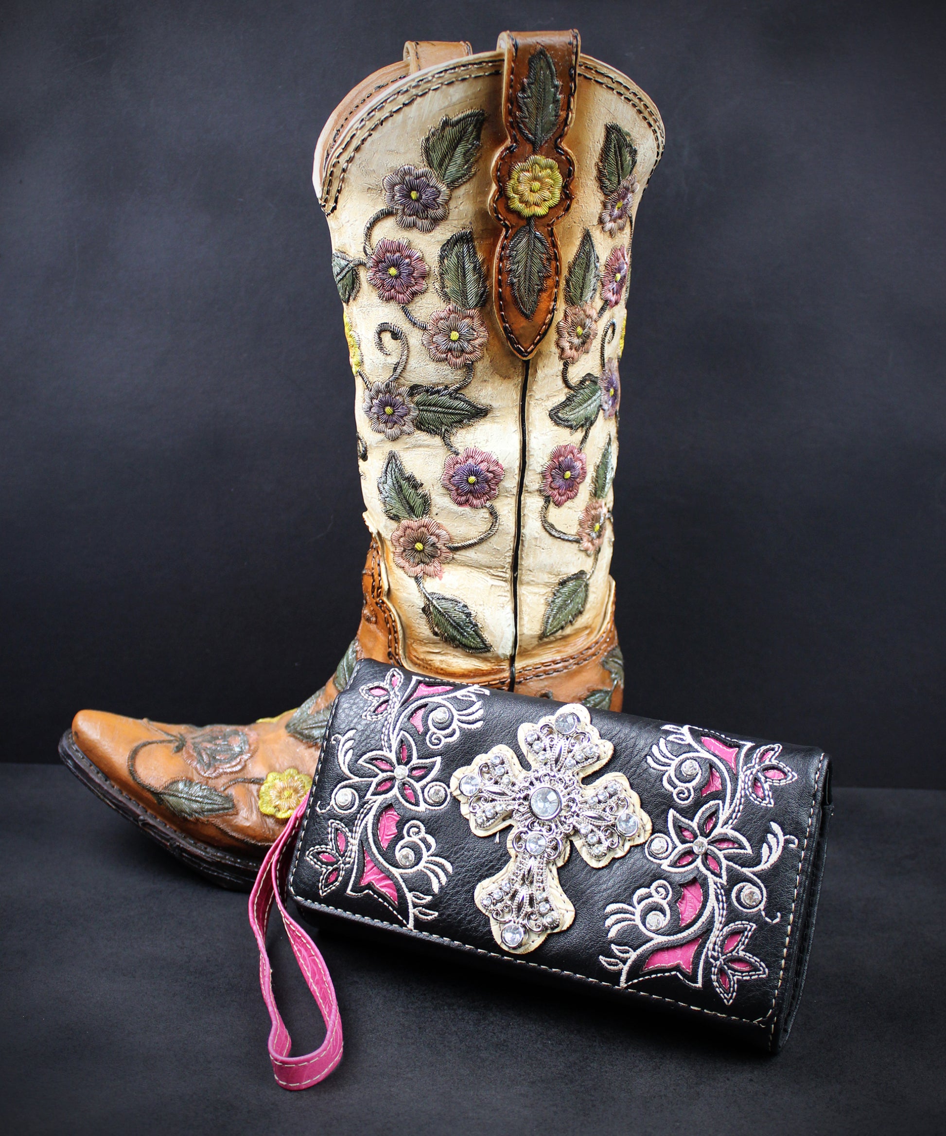 Western Cowgirl Clutch Wallet: Black & Pink PU Leather Purse with stitched cross motif