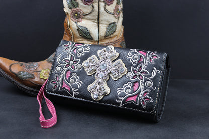 Western Cowgirl Clutch Wallet: Black & Pink PU Leather Purse with stitched cross motif