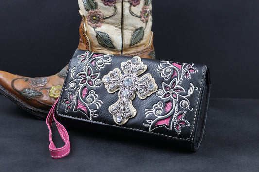 Western Cowgirl Clutch Wallet: Black & Pink PU Leather Purse with stitched cross motif