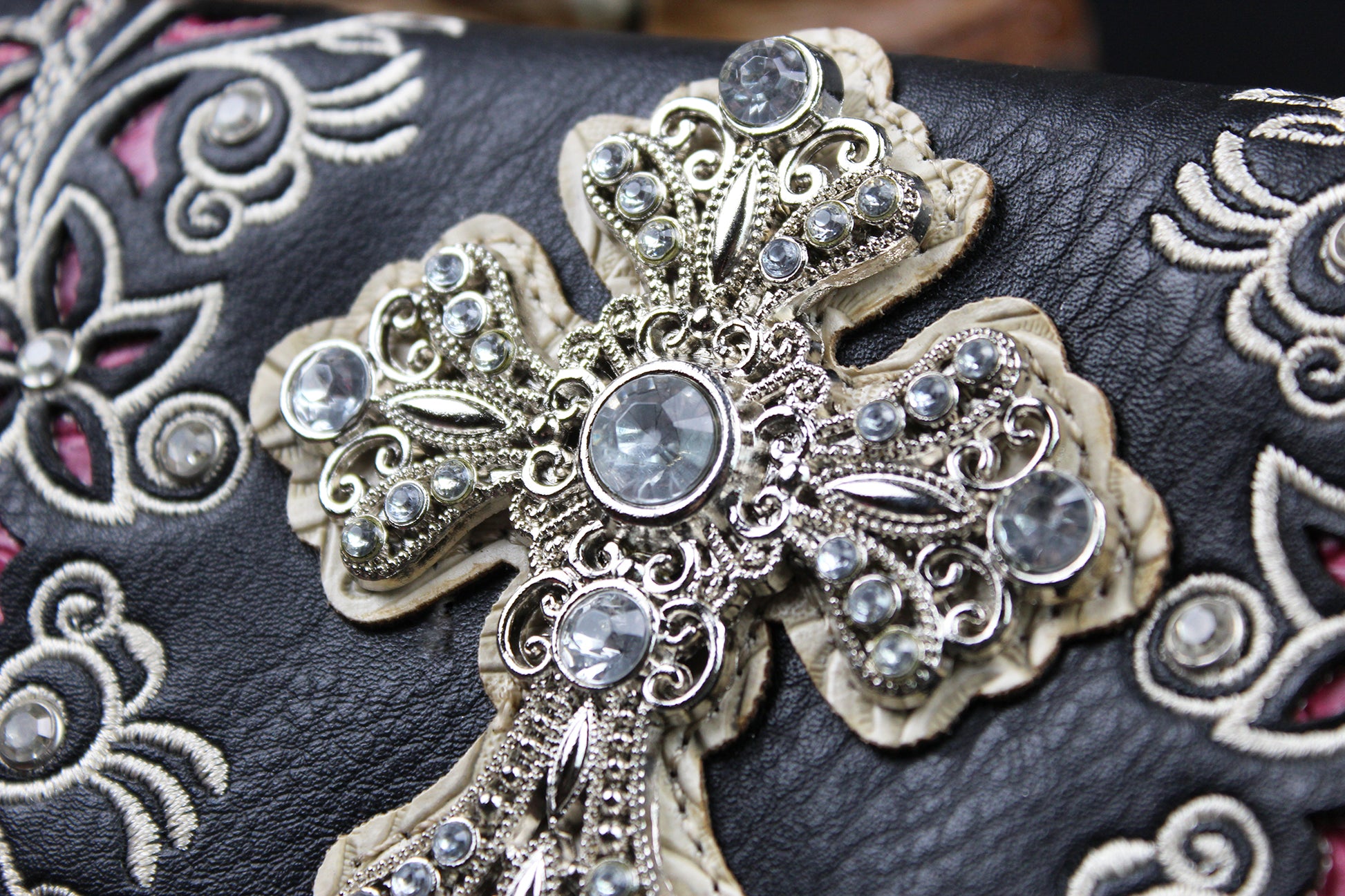 Western Cowgirl Clutch Wallet: Black & Pink PU Leather Purse with stitched cross motif