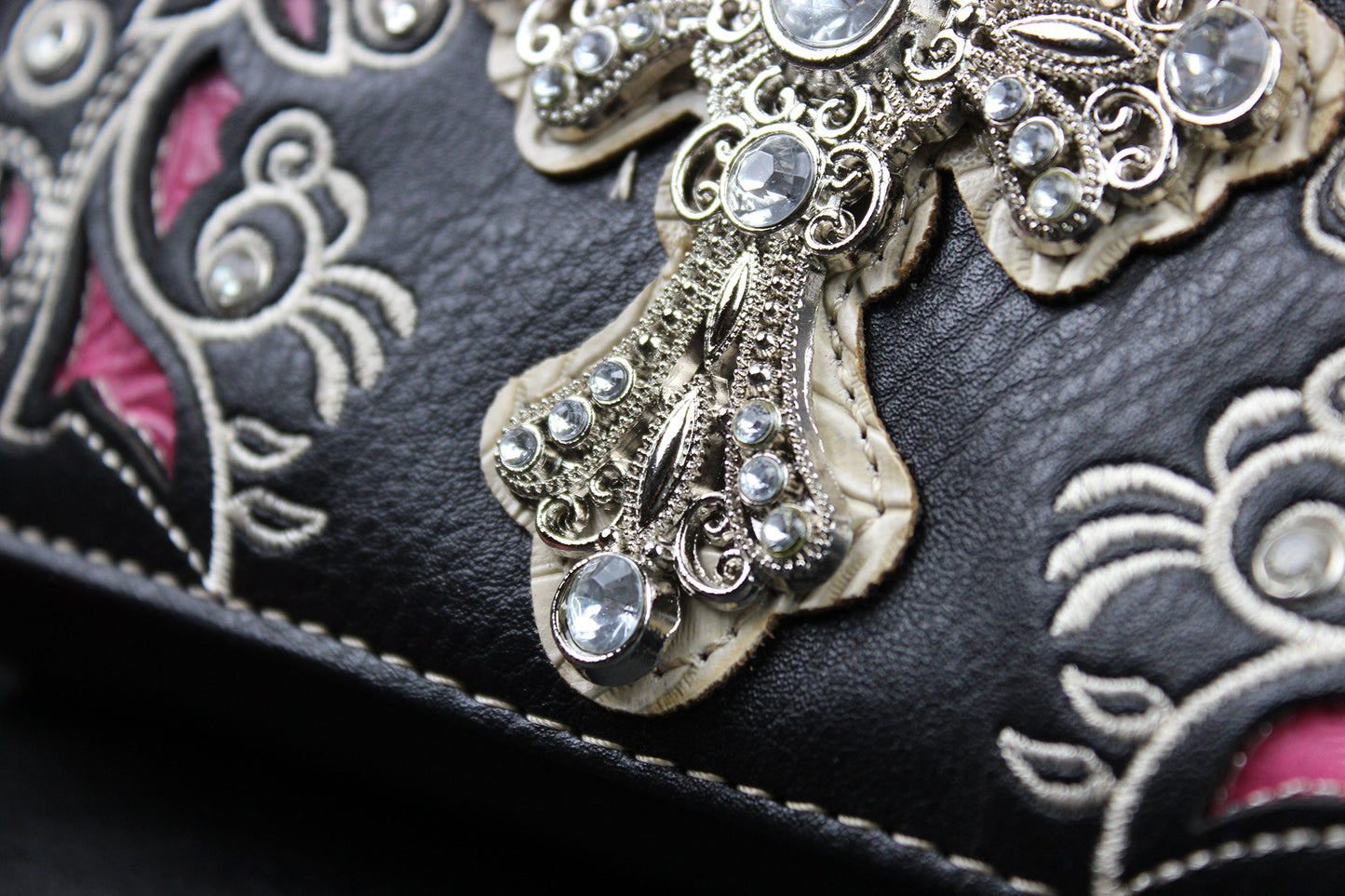 Western Cowgirl Clutch Wallet: Black & Pink PU Leather Purse with stitched cross motif