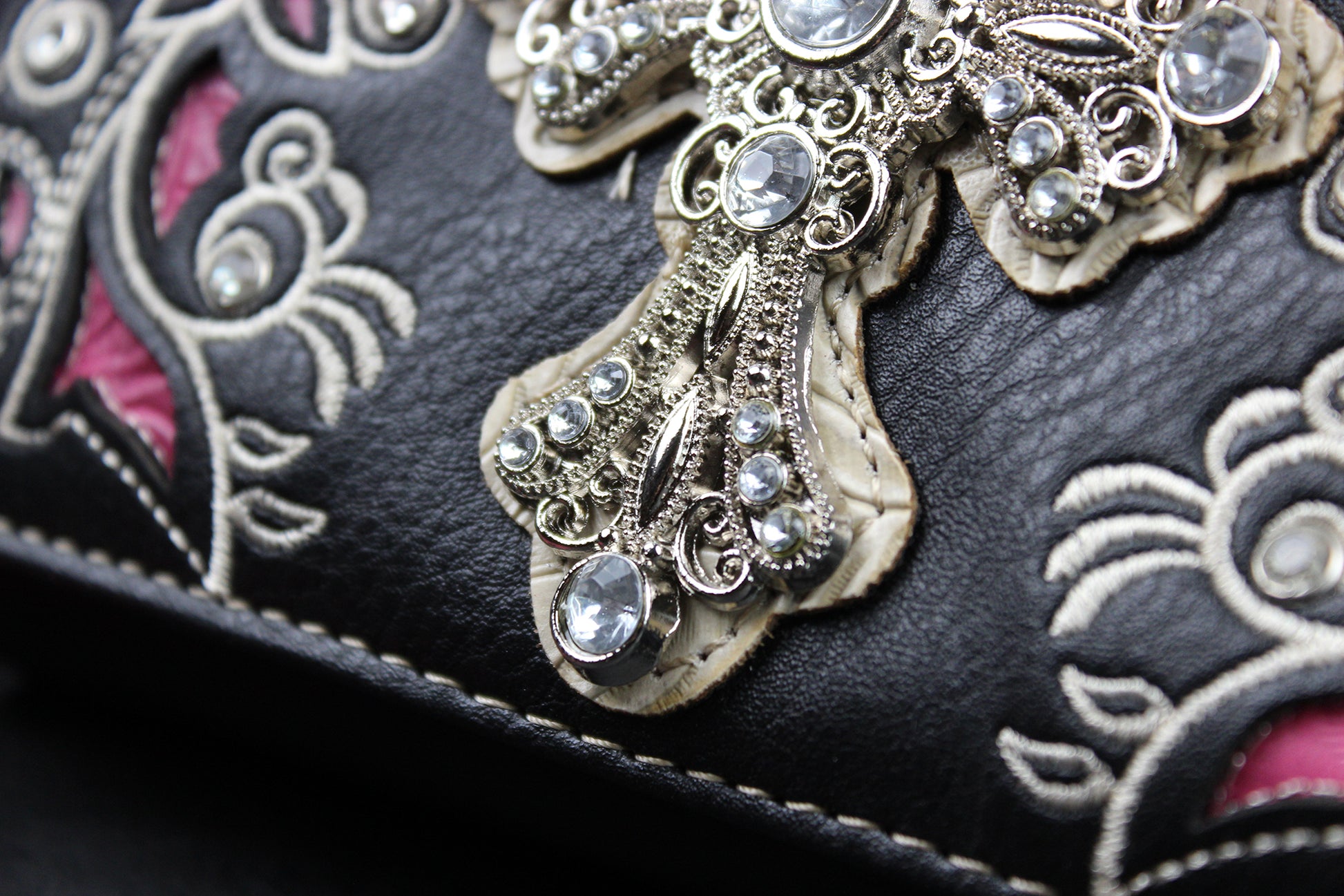 Western Cowgirl Clutch Wallet: Black & Pink PU Leather Purse with stitched cross motif