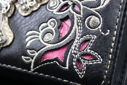Western Cowgirl Clutch Wallet: Black & Pink PU Leather Purse with stitched cross motif