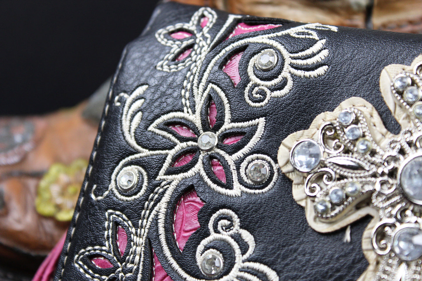 Western Cowgirl Clutch Wallet: Black & Pink PU Leather Purse with stitched cross motif