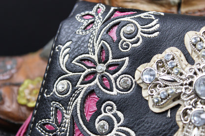 Western Cowgirl Clutch Wallet: Black & Pink PU Leather Purse with stitched cross motif