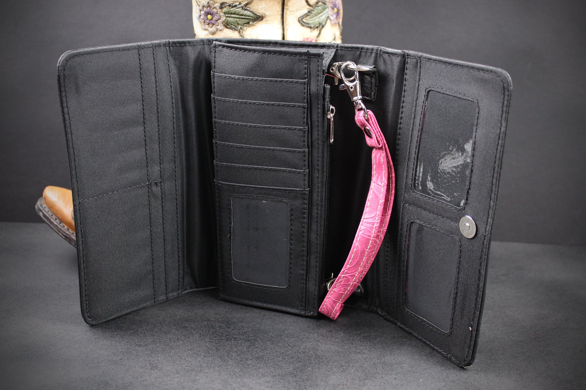 Western Cowgirl Clutch Wallet: Black & Pink PU Leather Purse with stitched cross motif