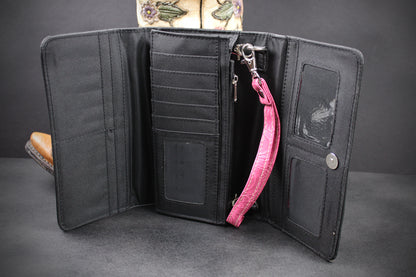 Western Cowgirl Clutch Wallet: Black & Pink PU Leather Purse with stitched cross motif