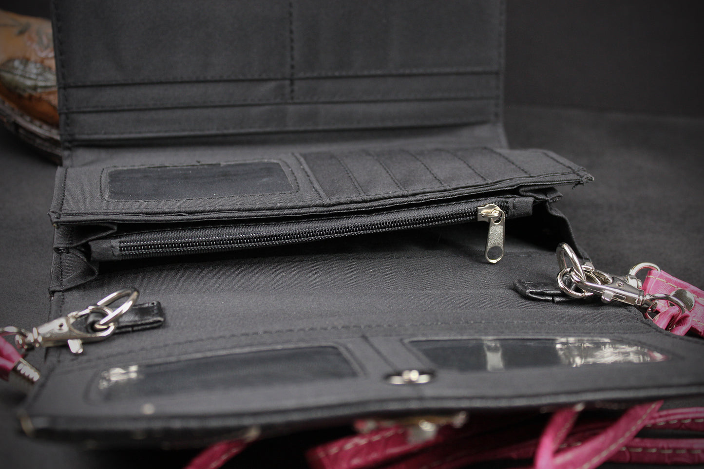Western Cowgirl Clutch Wallet: Black & Pink PU Leather Purse with stitched cross motif