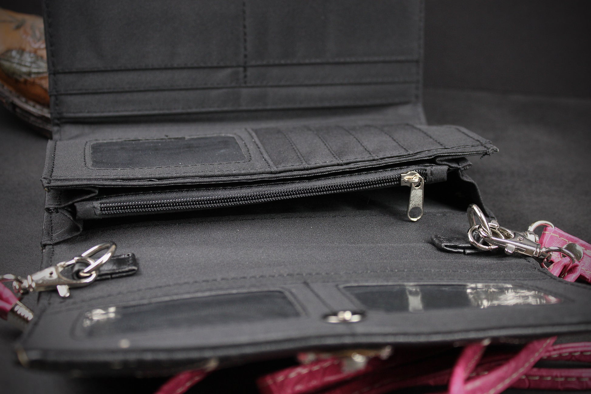 Western Cowgirl Clutch Wallet: Black & Pink PU Leather Purse with stitched cross motif