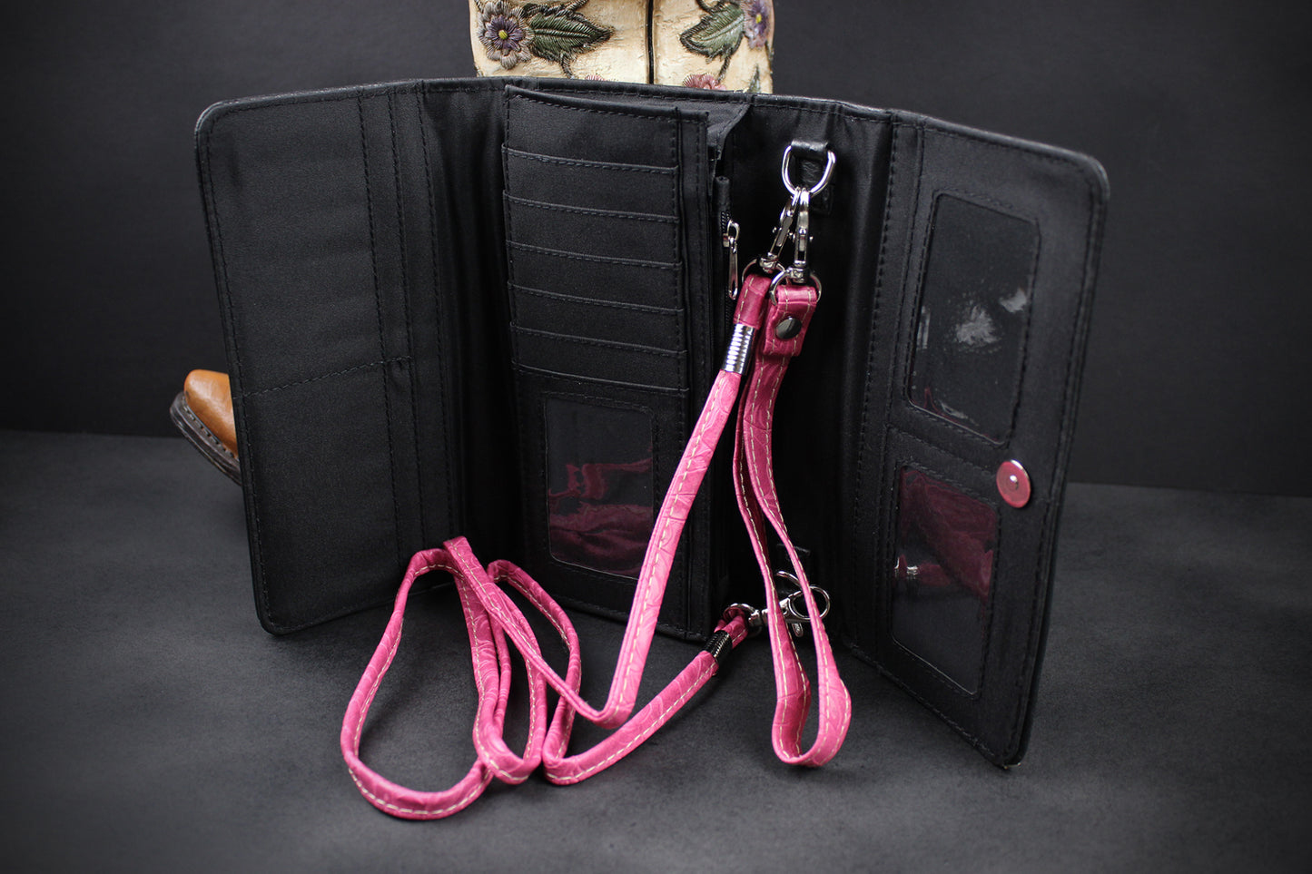 Western Cowgirl Clutch Wallet: Black & Pink PU Leather Purse with stitched cross motif