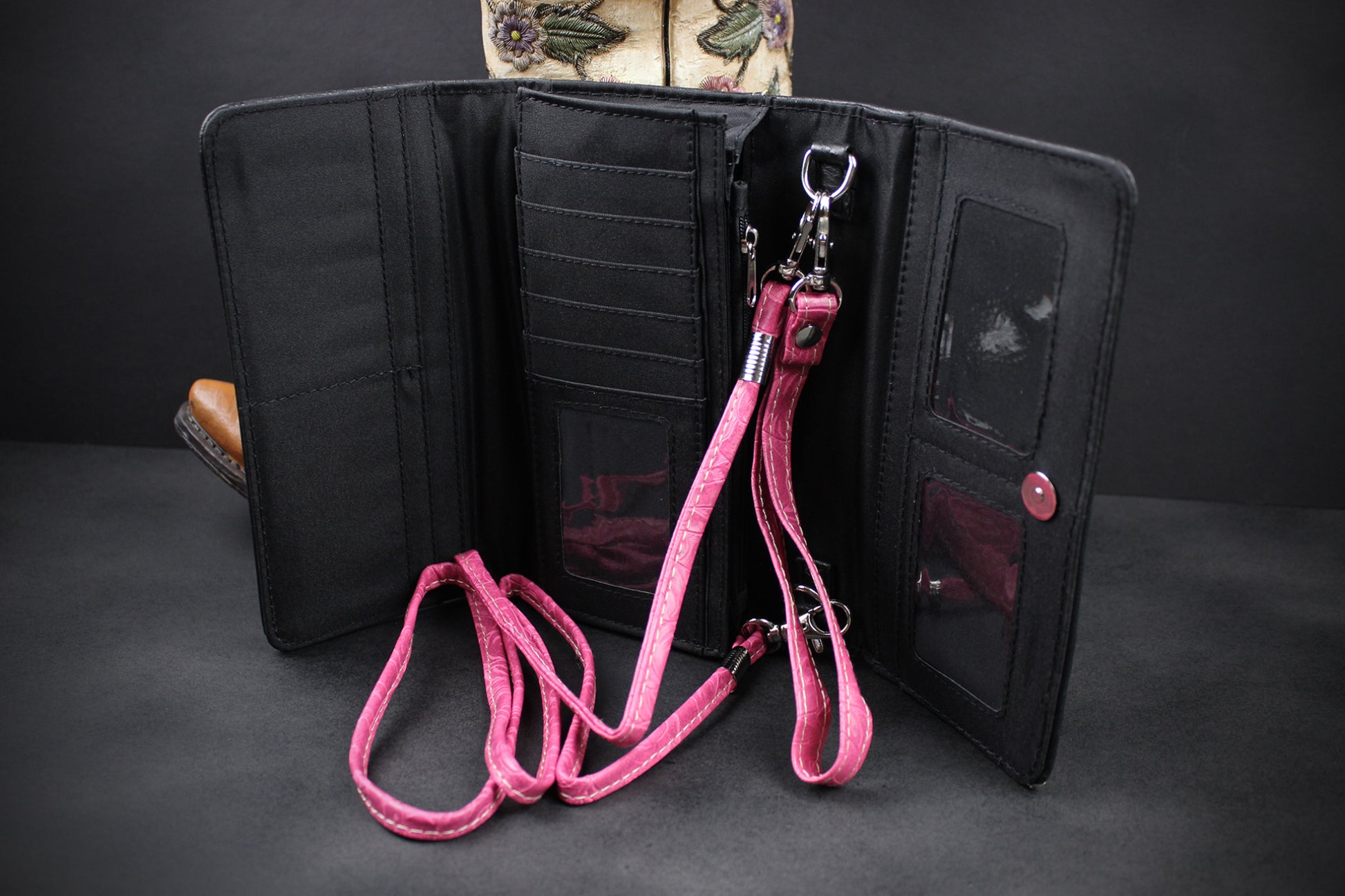 Western Cowgirl Clutch Wallet: Black & Pink PU Leather Purse with stitched cross motif