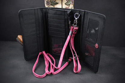 Western Cowgirl Clutch Wallet: Black & Pink PU Leather Purse with stitched cross motif