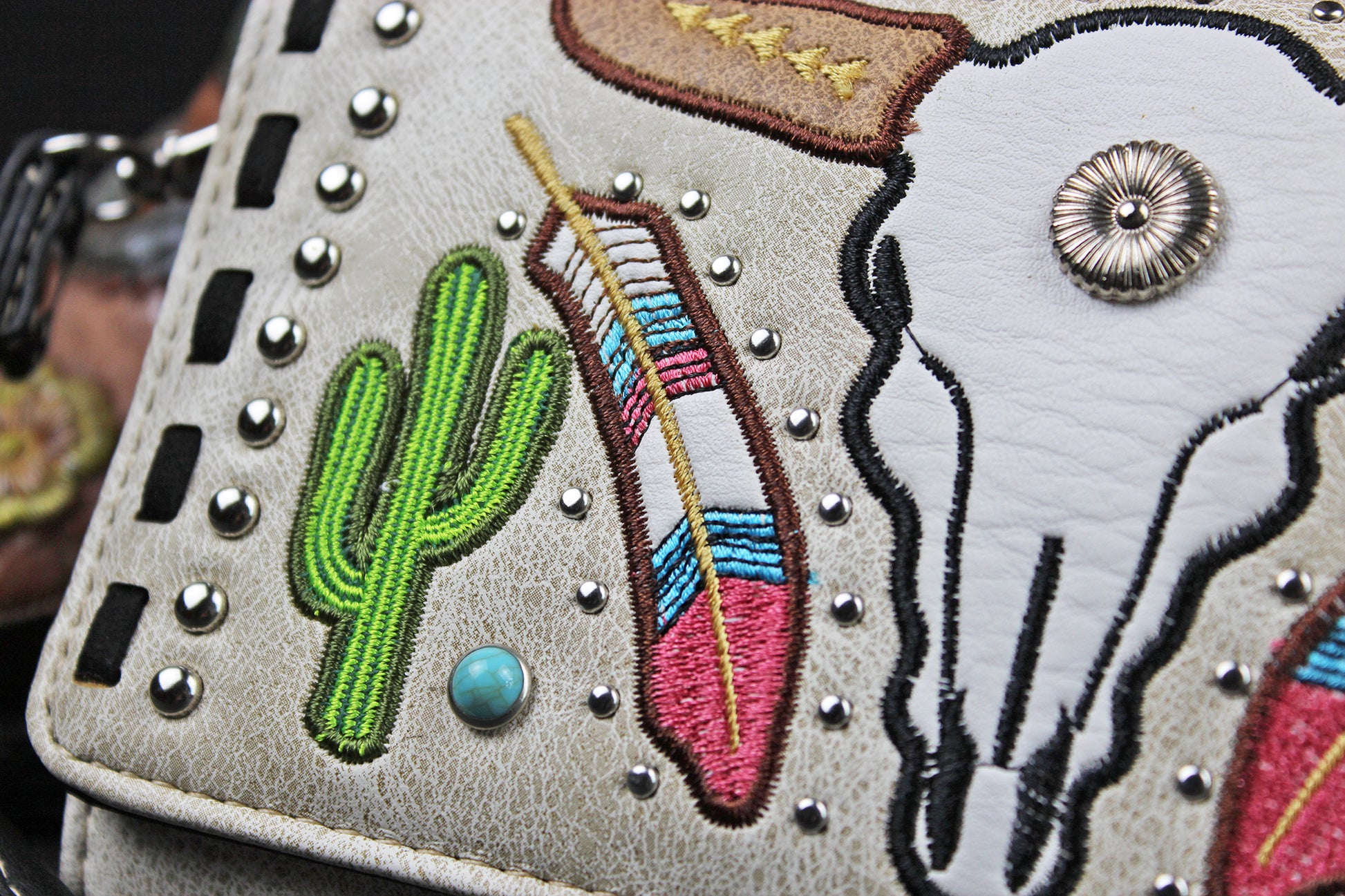 Western Cowgirl Clutch Wallet: Cream PU Leather Purse with stitched cow skull feather and cactus motif