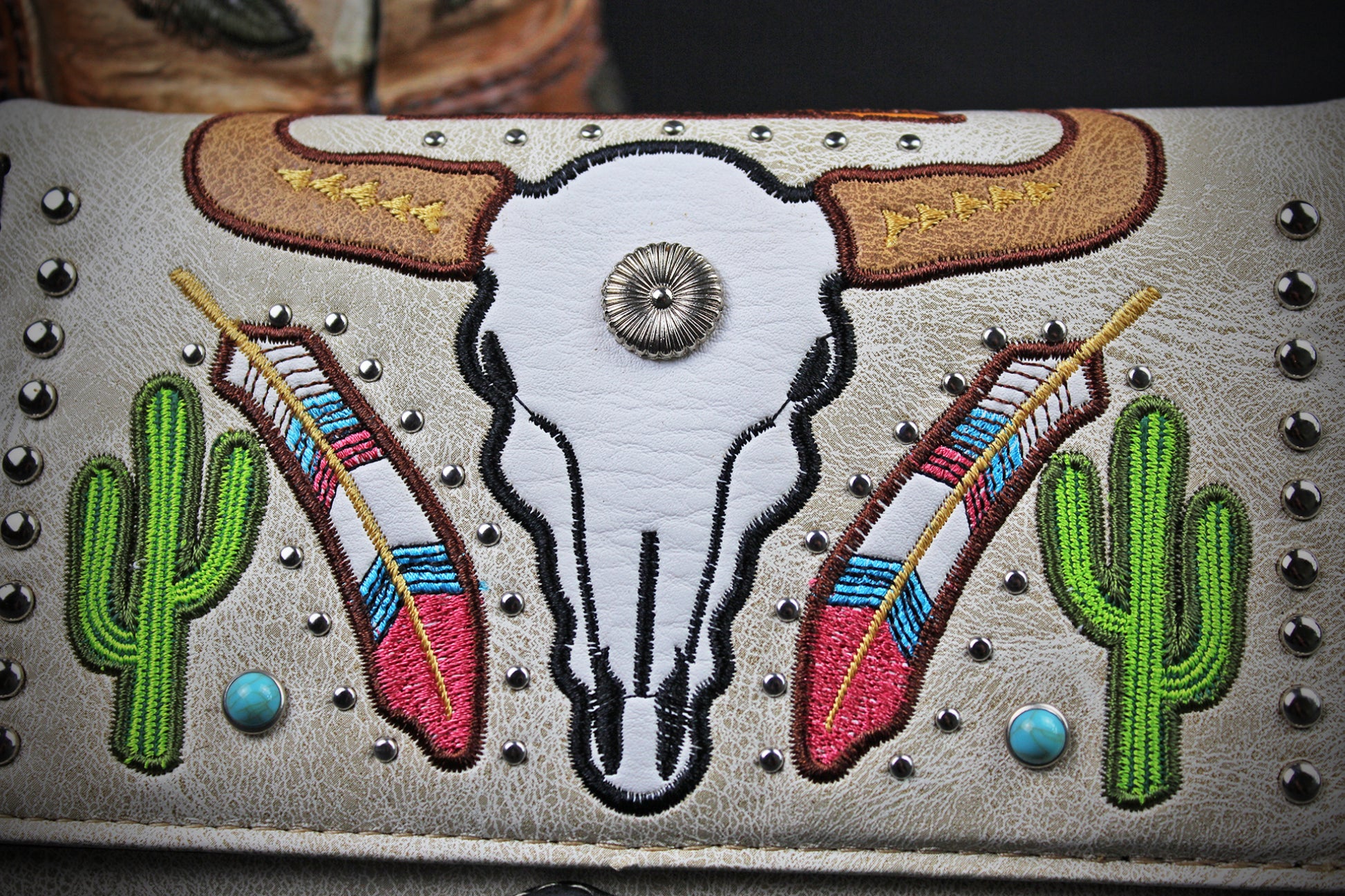 Western Cowgirl Clutch Wallet: Cream PU Leather Purse with stitched cow skull feather and cactus motif