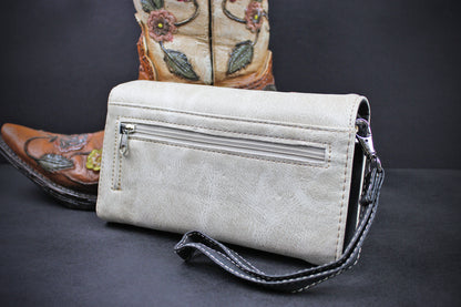 Western Cowgirl Clutch Wallet: Cream PU Leather Purse with stitched cow skull feather and cactus motif