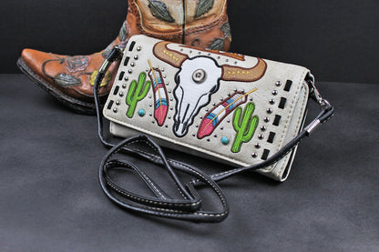Western Cowgirl Clutch Wallet: Cream PU Leather Purse with stitched cow skull feather and cactus motif