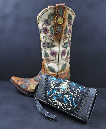 Western Cowgirl Clutch Wallet: Dark Grey, Black & Blue PU Leather Purse with filigree detailing