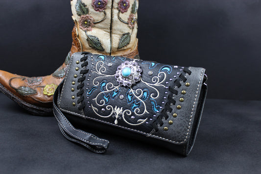 Western Cowgirl Clutch Wallet: Dark Grey, Black & Blue PU Leather Purse with filigree detailing