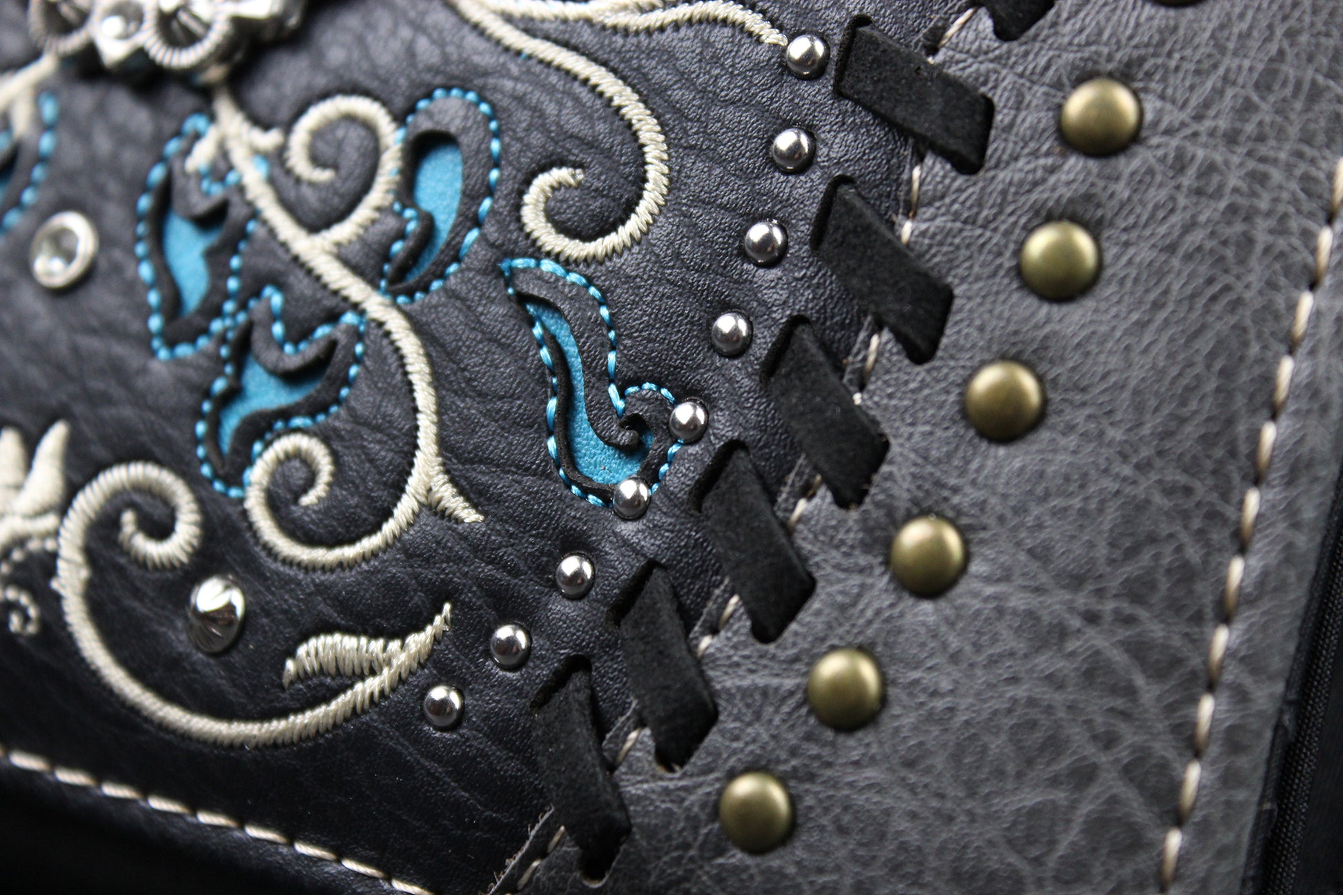 Western Cowgirl Clutch Wallet: Dark Grey, Black & Blue PU Leather Purse with filigree detailing