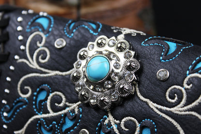 Western Cowgirl Clutch Wallet: Dark Grey, Black & Blue PU Leather Purse with filigree detailing