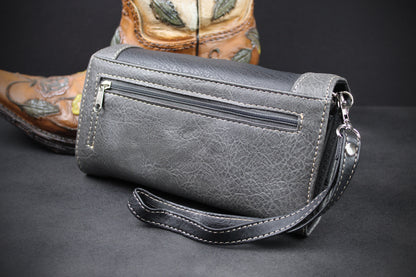 Western Cowgirl Clutch Wallet: Dark Grey, Black & Blue PU Leather Purse with filigree detailing