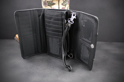 Western Cowgirl Clutch Wallet: Dark Grey, Black & Blue PU Leather Purse with filigree detailing