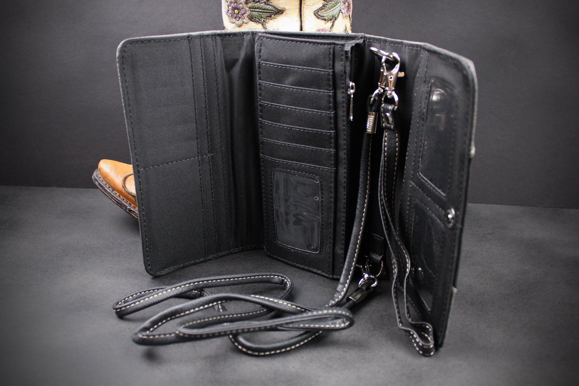 Western Cowgirl Clutch Wallet: Dark Grey, Black & Blue PU Leather Purse with filigree detailing