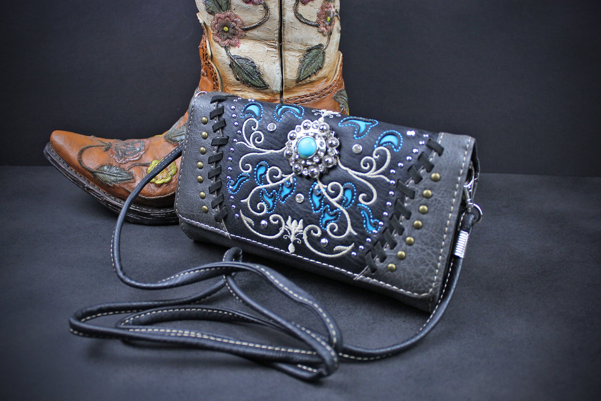 Western Cowgirl Clutch Wallet: Dark Grey, Black & Blue PU Leather Purse with filigree detailing