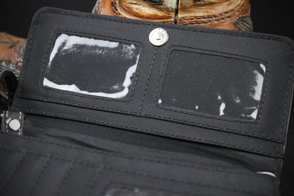Western Cowgirl Clutch Wallet: Dark Grey, Black & Blue PU Leather Purse with filigree detailing