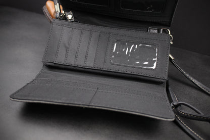 Western Cowgirl Clutch Wallet: Dark Grey, Black & Blue PU Leather Purse with filigree detailing