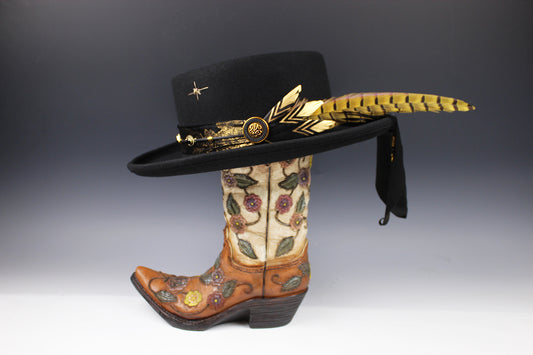 One Off Custom Gambler Hat: Black Wool Felt with gold detailing size Medium 57cm