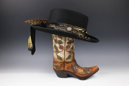 One Off Custom Gambler Hat: Black Wool Felt with gold detailing size Medium 57cm