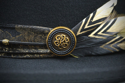 One Off Custom Gambler Hat: Black Wool Felt with gold detailing size Medium 57cm
