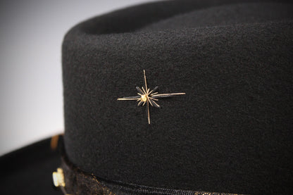 One Off Custom Gambler Hat: Black Wool Felt with gold detailing size Medium 57cm