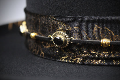 One Off Custom Gambler Hat: Black Wool Felt with gold detailing size Medium 57cm