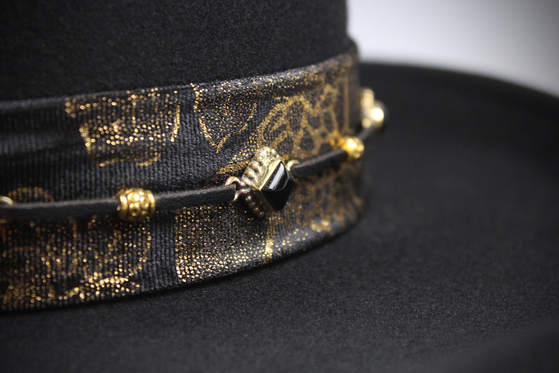 One Off Custom Gambler Hat: Black Wool Felt with gold detailing size Medium 57cm