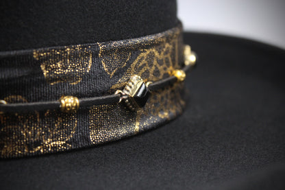 One Off Custom Gambler Hat: Black Wool Felt with gold detailing size Medium 57cm