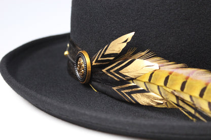 One Off Custom Gambler Hat: Black Wool Felt with gold detailing size Medium 57cm