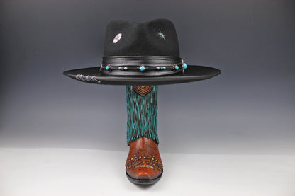 One Off Custom Fedora: Wool Felt Cowboy Fedora Hat with Turquoise detailing  Size Large 59cm