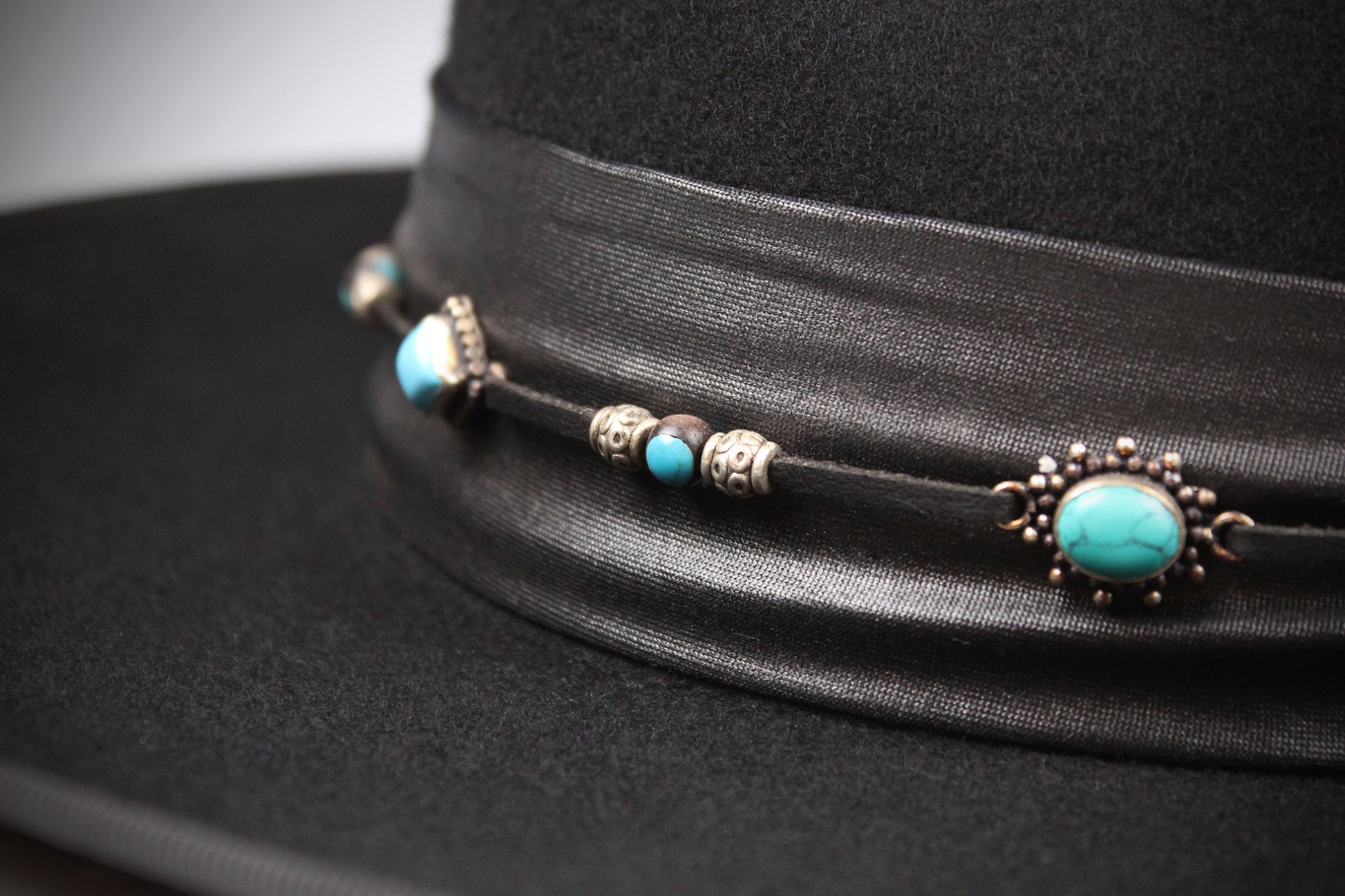 One Off Custom Fedora: Wool Felt Cowboy Fedora Hat with Turquoise detailing  Size Large 59cm
