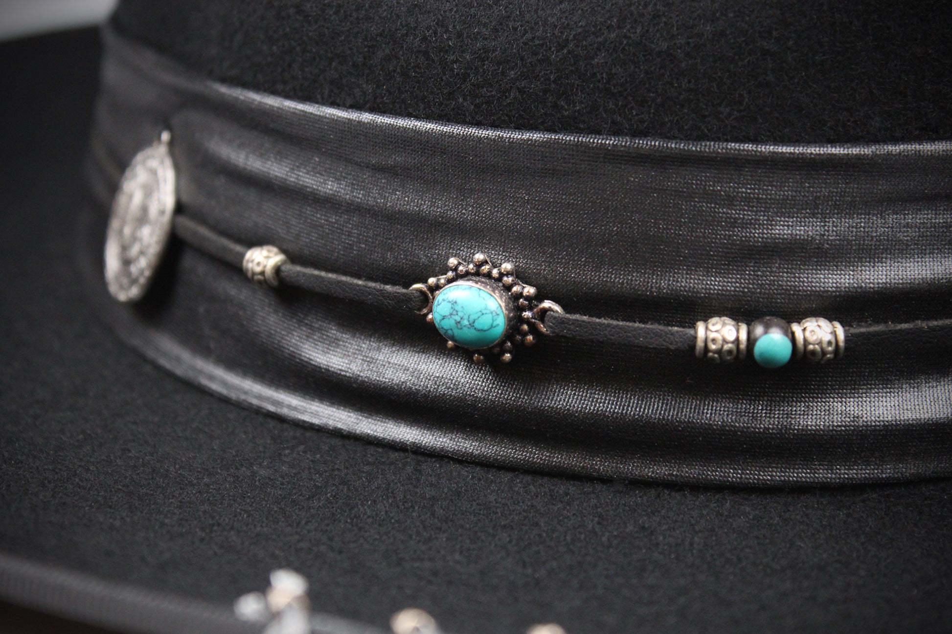 One Off Custom Fedora: Wool Felt Cowboy Fedora Hat with Turquoise detailing  Size Large 59cm