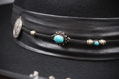 One Off Custom Fedora: Wool Felt Cowboy Fedora Hat with Turquoise detailing  Size Large 59cm