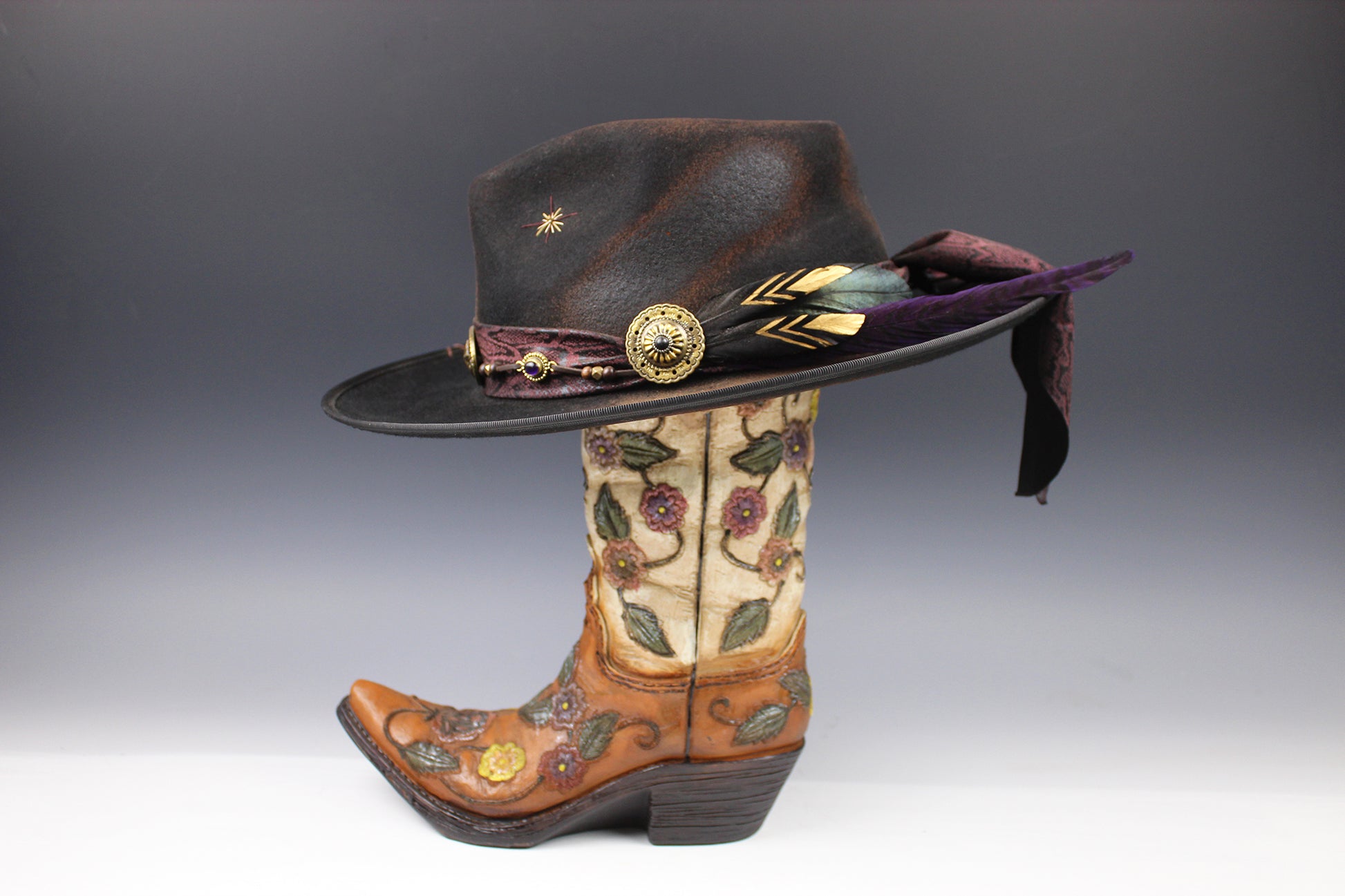 One Off Custom Fedora Hat: Black with Distressed Effect Wool Felt with gold detailing size Medium 57cm