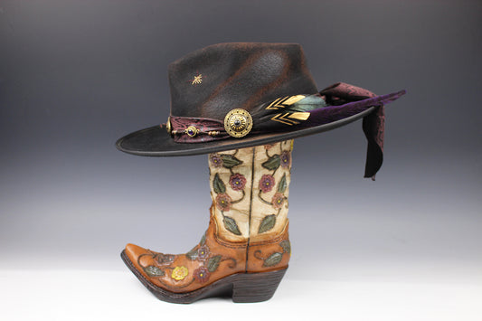 One Off Custom Fedora Hat: Black with Distressed Effect Wool Felt with gold detailing size Medium 57cm