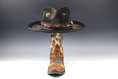One Off Custom Fedora Hat: Black with Distressed Effect Wool Felt with gold detailing size Medium 57cm