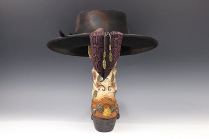 One Off Custom Fedora Hat: Black with Distressed Effect Wool Felt with gold detailing size Medium 57cm