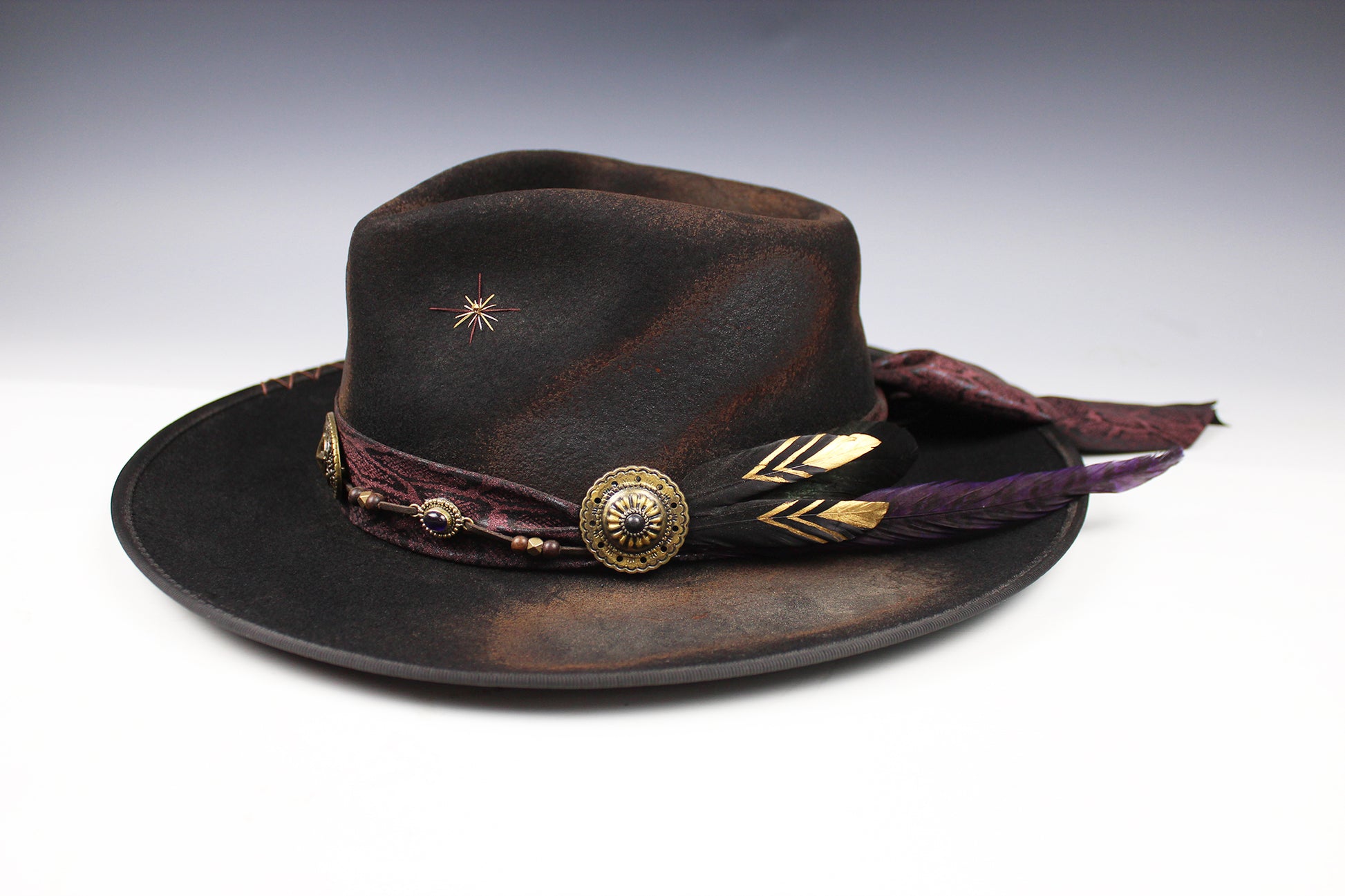 One Off Custom Fedora Hat: Black with Distressed Effect Wool Felt with gold detailing size Medium 57cm