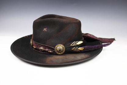 One Off Custom Fedora Hat: Black with Distressed Effect Wool Felt with gold detailing size Medium 57cm