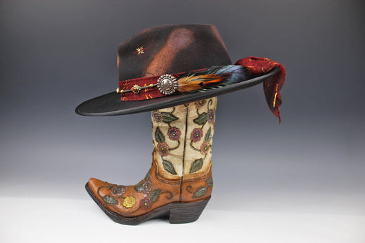 One Off Custom Fedora Hat: Black & Brown with Distressed Effect Wool Felt with gold detailing & paisley silk hat band size Small 55cm